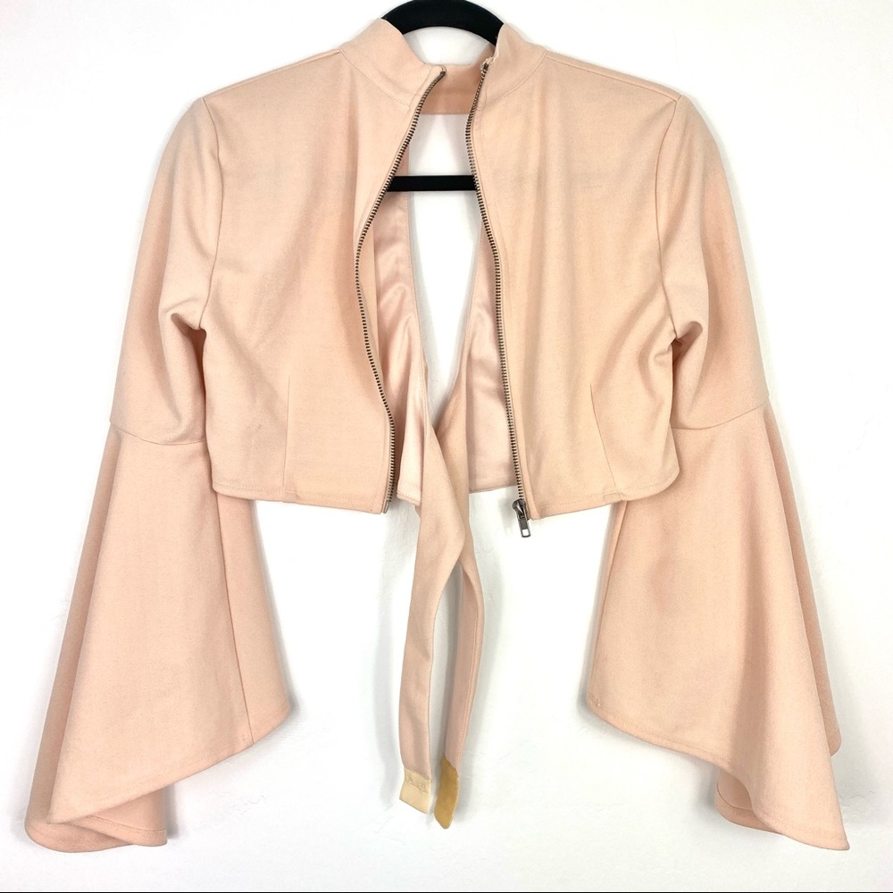 Seek the Label Blush Pink Bell Sleeve Mock Neck Keyhole Full Zip Wrap Crop Top - Picture 4 of 8